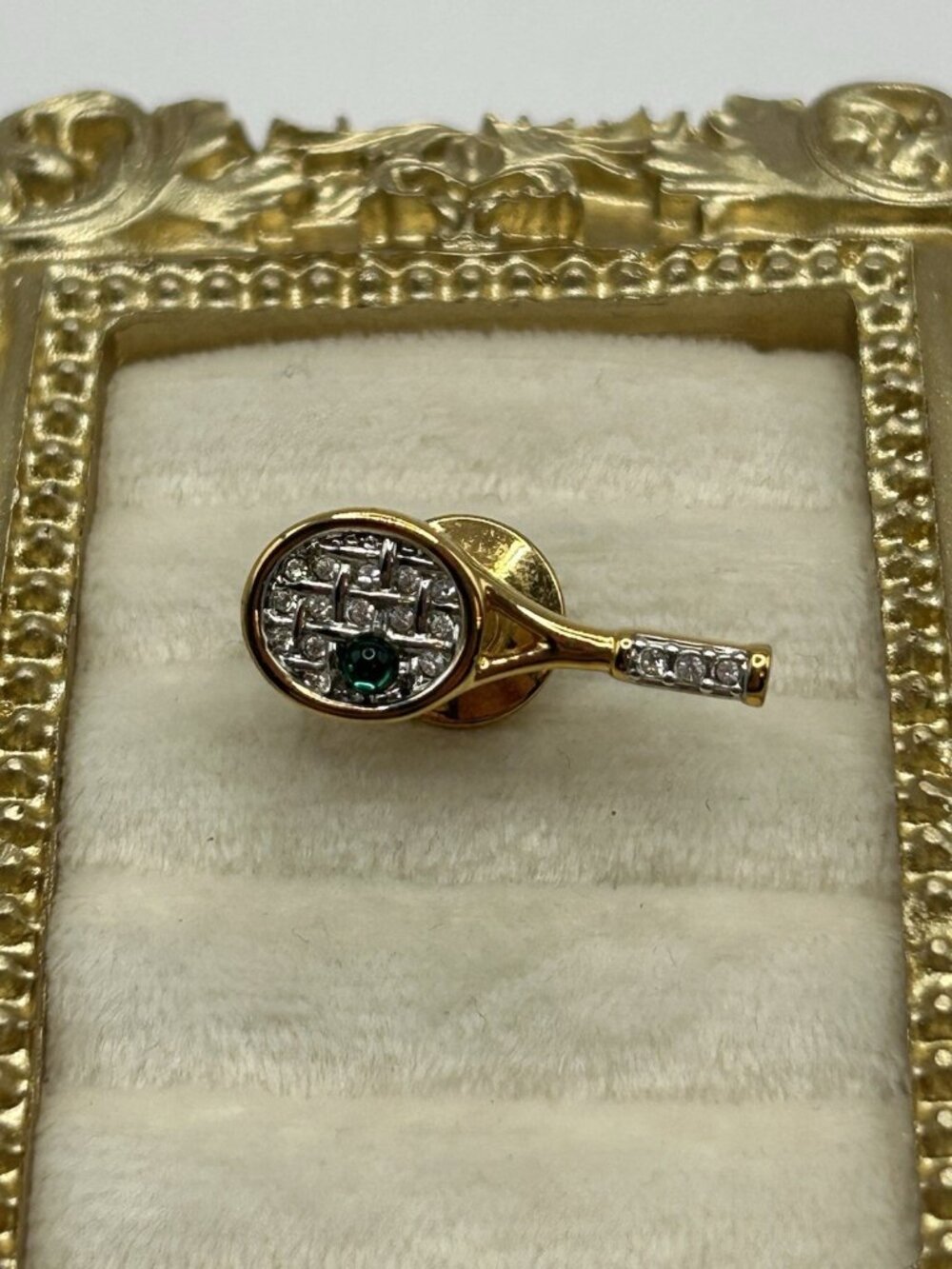 Small Swarovski Tennis Racquet Push Pin Signed Crystal Gold Tone Green Lapel